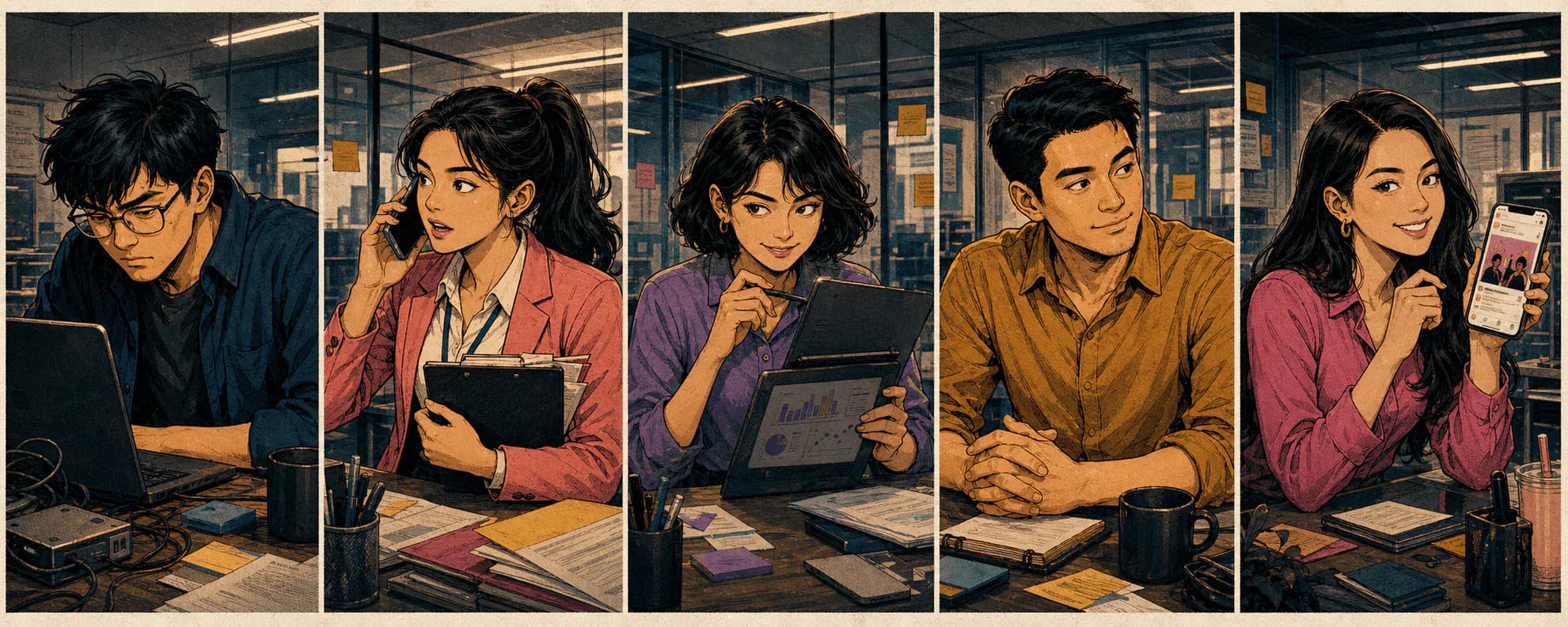 The five The Office Survivor characters, left to right: Tum, Mint, Toey, Fah and Bank
